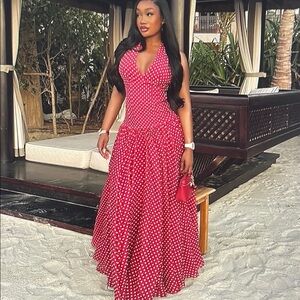 Elegant Red Polka Dot Maxi Dress